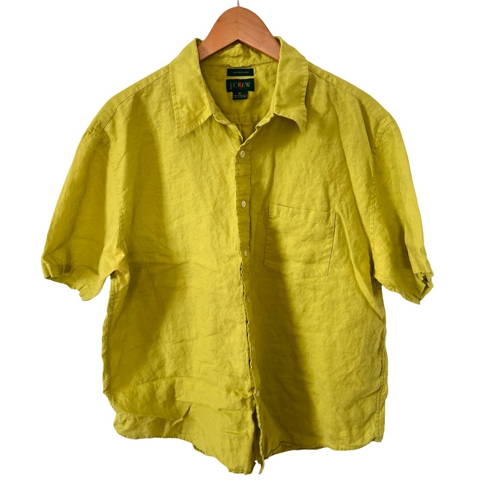 J. Crew Lime Green Irish Linen Button Down Short Sleeve Shirt‎